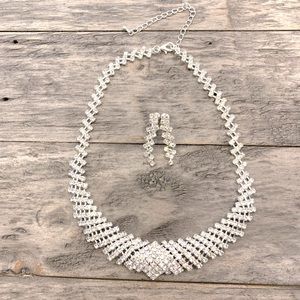 Clear Rhinestone Bib Necklace and clip-on Earrings